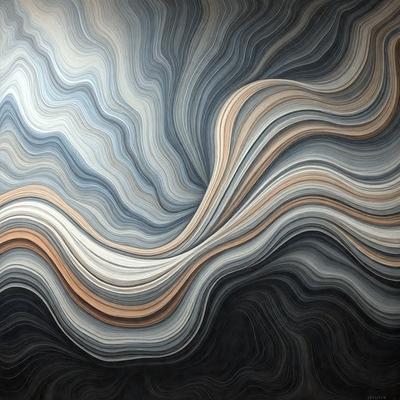 The primary subject of the image is a large, abstract painting featuring a blue and white color scheme. The painting is displayed on a wall, creating a striking visual effect. The setting is an art gallery, showcasing the artist's work. The visual style is a combination of digital art and illustration, with a focus on the intricate patterns and textures created by the artist. The colors and mood of the painting are calming and serene, inviting the viewer to appreciate the artistic expression.